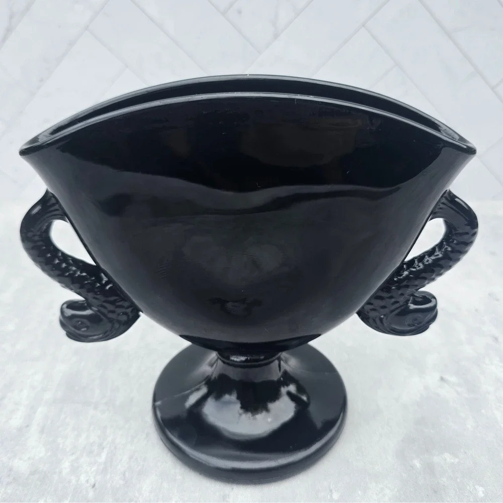 Vintage Black Amethyst Glass Trophy Vase Koi Fish Dolphin Handles Art Deco